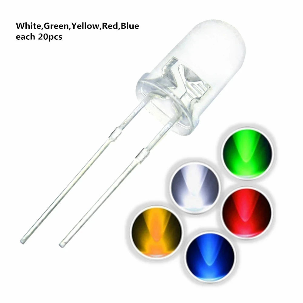 100pcs 5mm LED Diode 5 mm Assorted Kit White Green Red Blue Yellow Orange Pink Purple Warm white DIY Light Emitting Diode