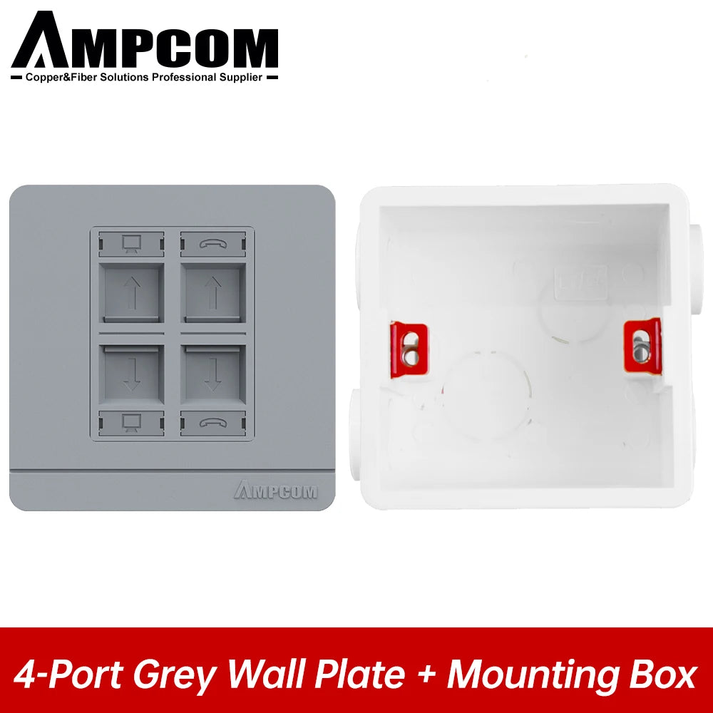 AMPCOM 86-type Wall Faceplate With Mounting Junction Box , Networking Telephone Socket Outlet Mount Panel For RJ45 RJ11 Module