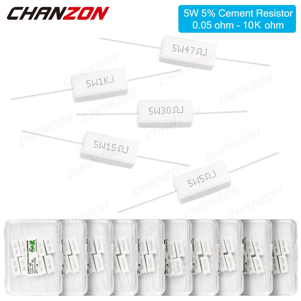 10Pcs 5W 5% Cement Wirewound Resistors 0.1 0.22 0.33 0.47 0.5 10 50 100 330 1K 10K Ohms 5Watt Fixed Wire Wound Ceramic 5 W Watt