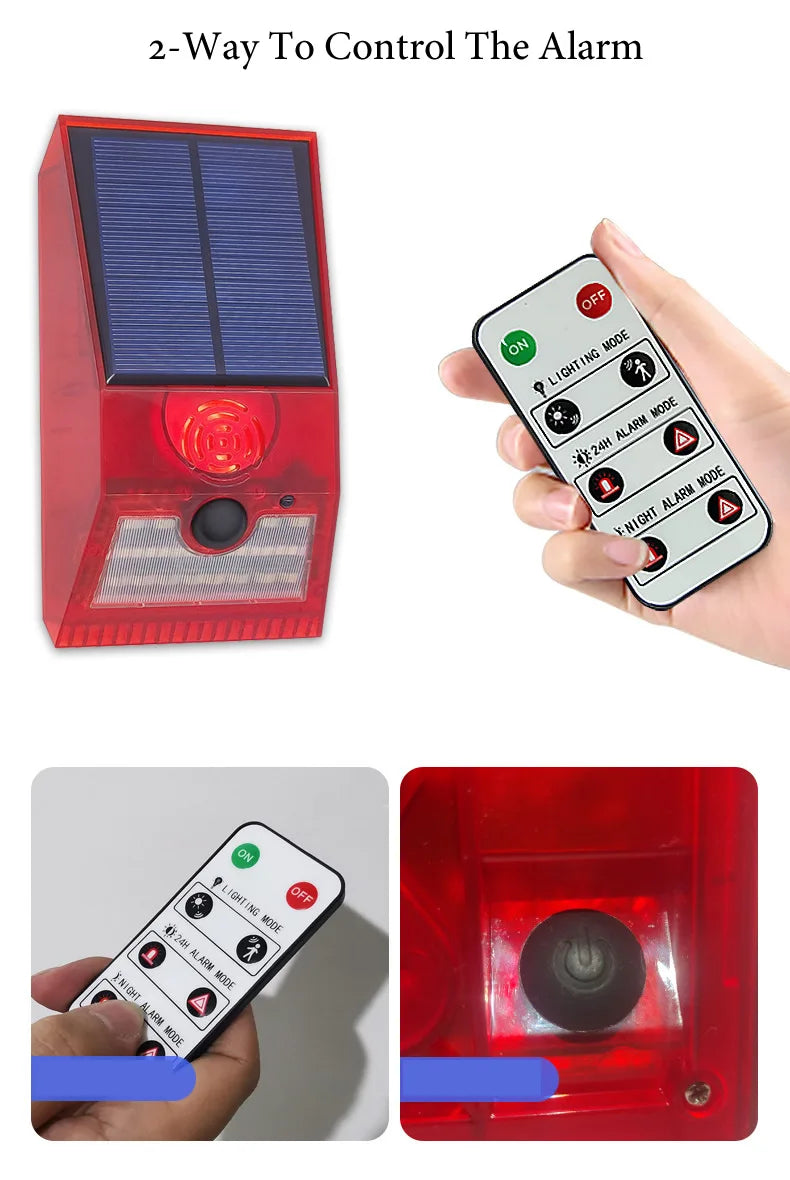 Multi-Function Solar PIR Motion Sensor Alarm Light Remote Control 129dB Siren For Home Garden Shed Caravan Farm Security Lamp