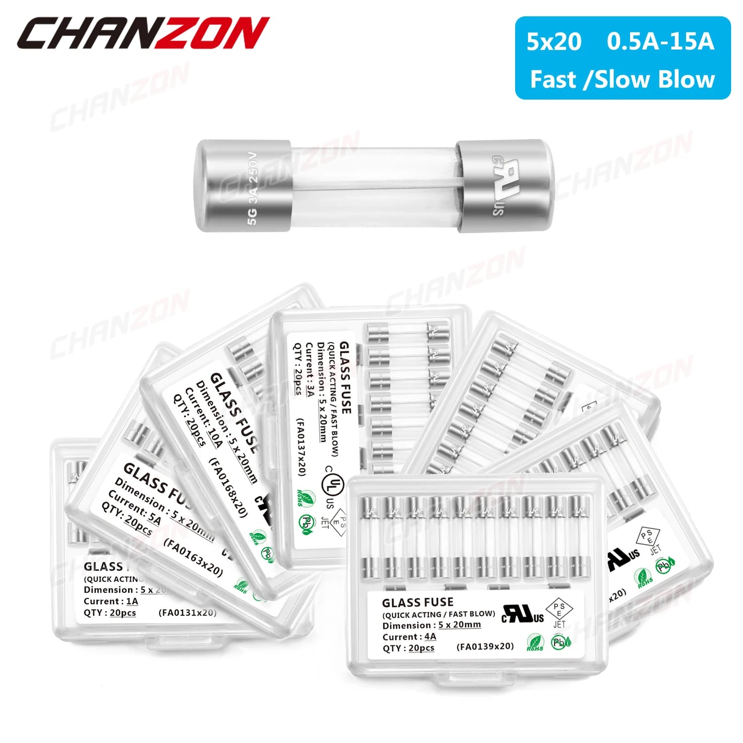20pcs 5x20 mm Glass Tube Fuse Fast Quick Slow Blow 5X20mm 0.5A 1A 2A 3A 4A 5A 6A 6.3A 8A 10A 12A 15A 250V 125V 12V Cutoff Fusee