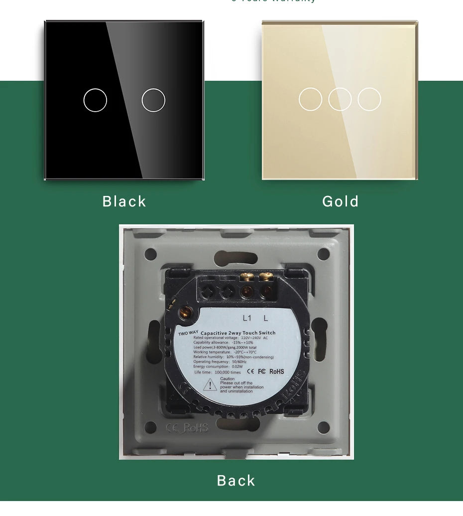 BSEED EU Standard 1/2/3Gang 2Way Wall Touch Switch Light Sensor Switches Wall Socket USB Type-C Crystal Glass Panel 240V Black