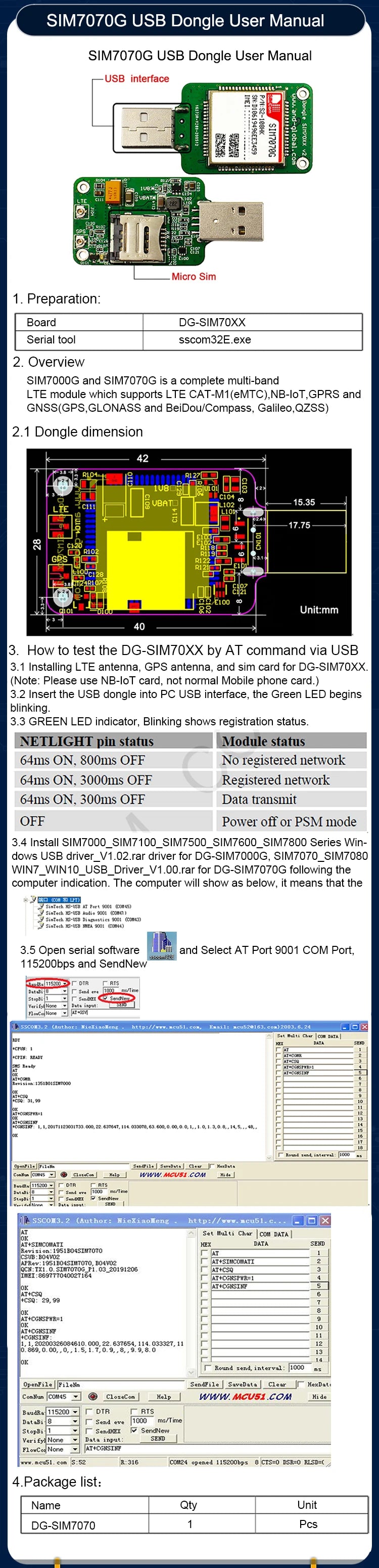 SIMCOM-Multi-Band USB Dongle with SIM, NB-IoT, GPRS Module for SIM7000, SIM800F, SIM900, LTE, CAT-M, CAT-NB, GSM