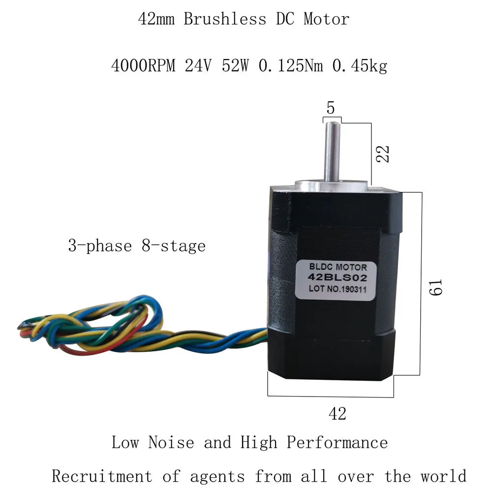 Micro DC24V Brushless Motor 3.3A 52W L61mm  0.125Nm 4000rpm 42 BLDC Motor With Hall Sensor 42BLS02 For RV fan automatic rotation