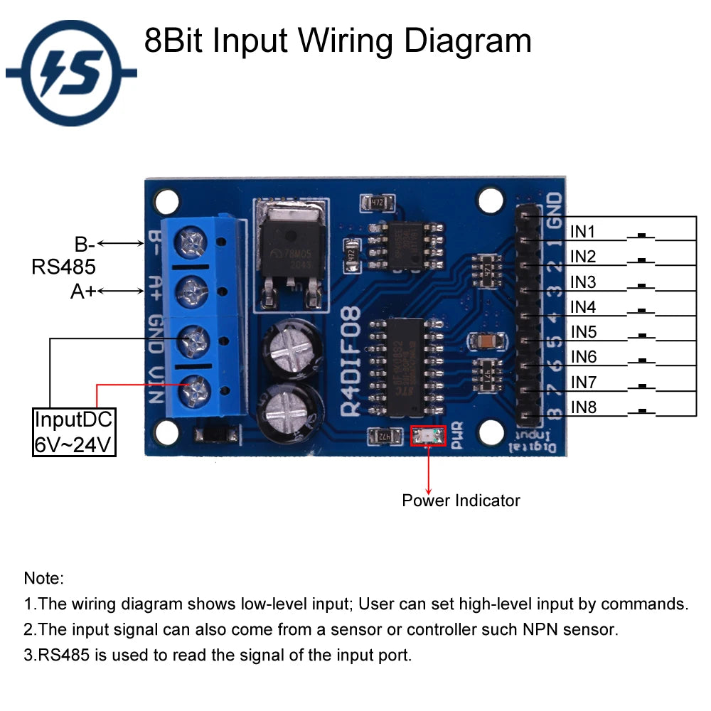 8Bit Low Level TTL to RS485 Converter Module MODBUS RTU PNP Switch Signal Collector DC 12V 24V