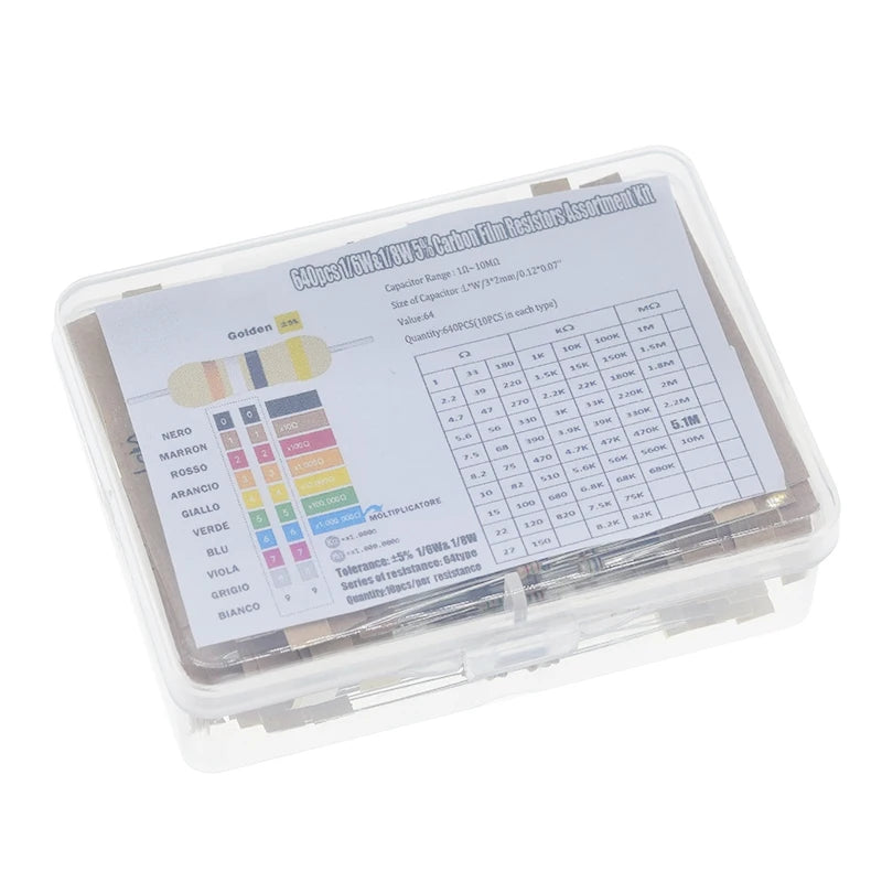 TZT 1/8W 5% 640pcs 64 Values 1R - 10MR 0.125W Carbon Film Resistors Assorted Kit Set