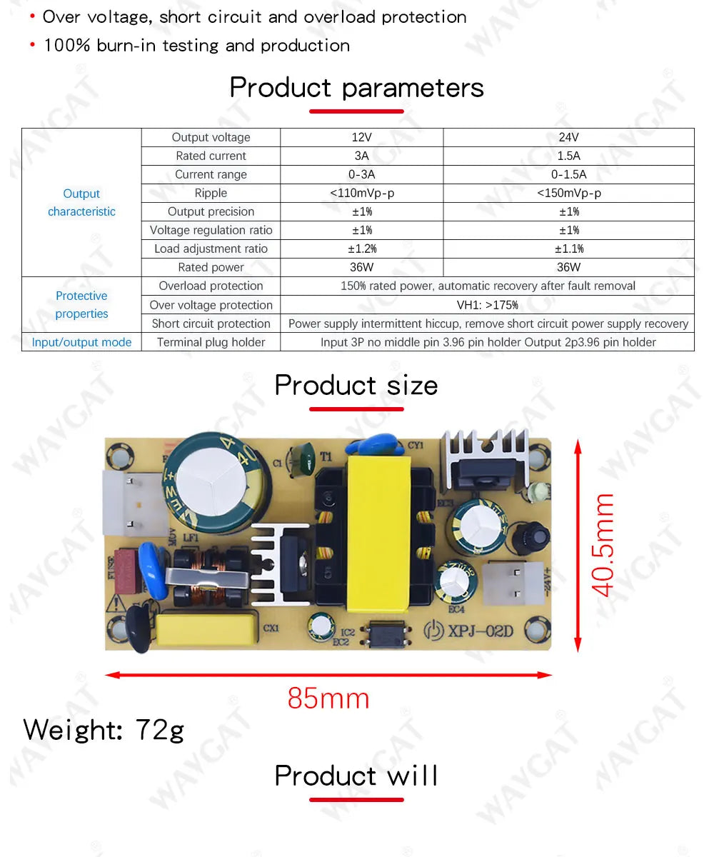 WAVGAT AC-DC 12V3A 24V1.5A 36W Switching Power Supply Module Bare Circuit 220V to 12V 24V Board for Replace/Repair