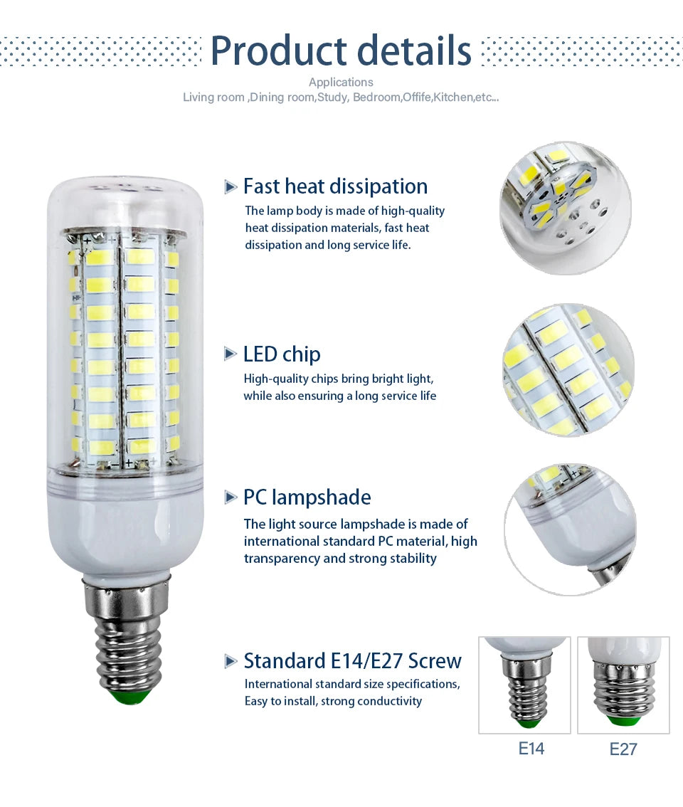 E27 LED Lamp AC 220V 230V Corn Lamp 24 36 48 56 69 72leds Lampada Led Bulb SMD5730 Led Lamp Light E14 Chandelier Lighting 240V