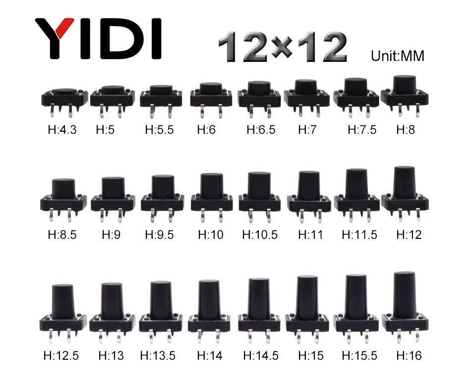 10pcs 12x12mm Panel PCB ON Off Momentary Tactile Tact Micro Mini Switch Push Button DC12V 4 Pin DIP H=5/6/7/8/9/10/12/13/15/16mm