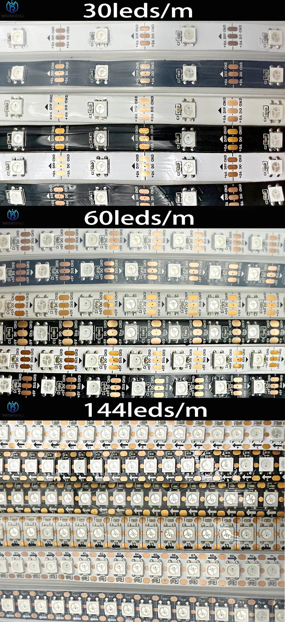 DC5V WS2812B 5m/Roll 30/60/144leds/m Black/White PCB IP30/IP65/IP67 5050RGB Individually Addressable Smart led pixel strip light