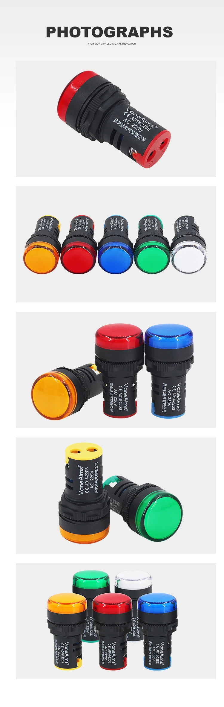 VaneAims Plastic Power Signal Lamp AD16-22DS Small LED Indicator Light Beads 12V 24V 220V Red White Green Blue And Yellow