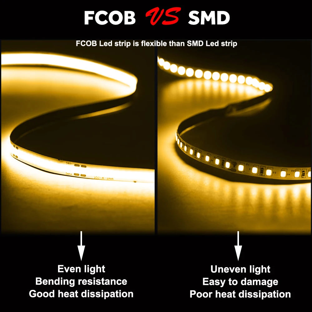 COB LED Strip 480 528 Chips/M High Density Flexible FOB Led Red Green Blue Warm Nature Cool White Linear Dimmable Light 12V 24V