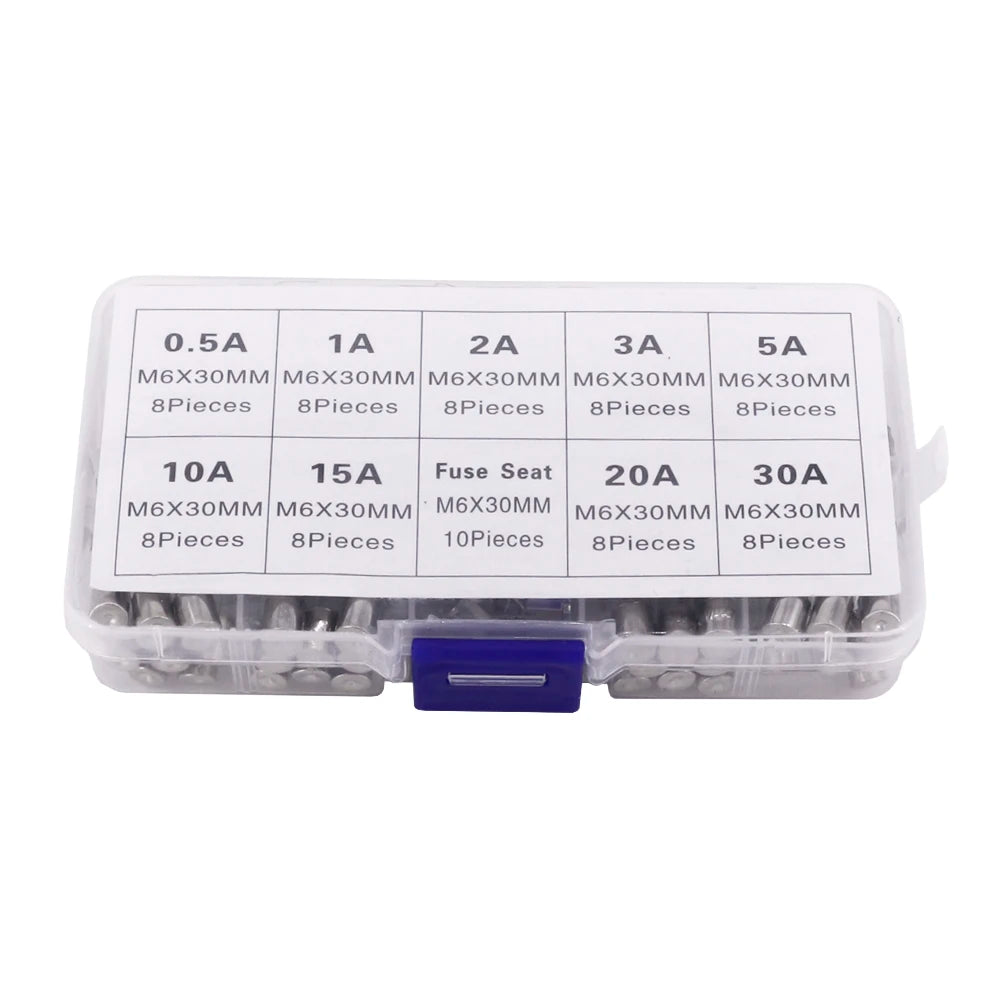 72pcs 6x30mm Fast-blow Glass Fuses Quick Blow Car Glass Tube Fuses Assorted and 10pcs Fuse Seat 6*30 Home Fuse with Box