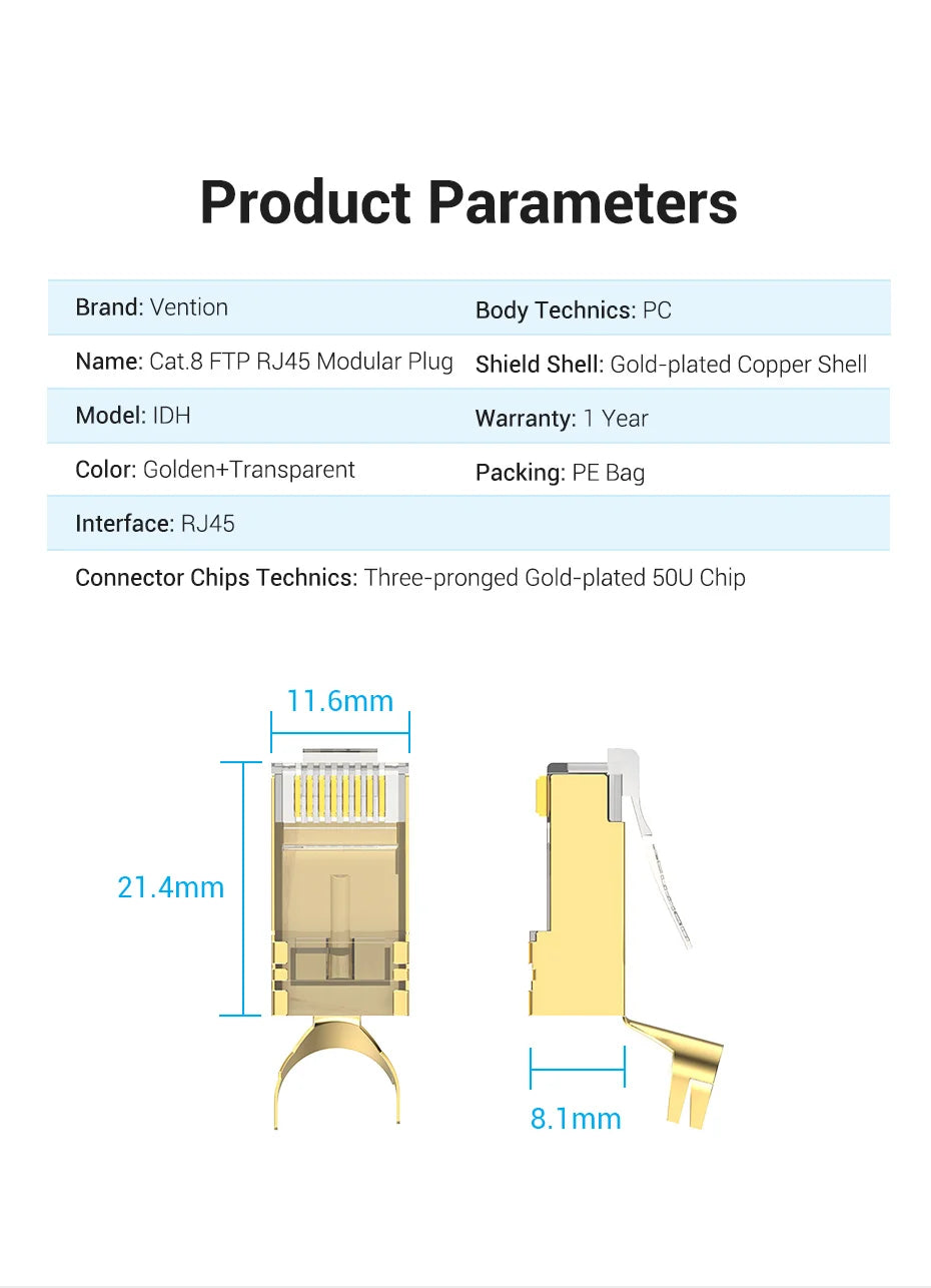Vention RJ45 Connector Cat8 8P8C Modular Ethernet Cable Cat 8 FTP Head Plug Gold Plated 40Gbps Crimp Network Connerctor Cat8