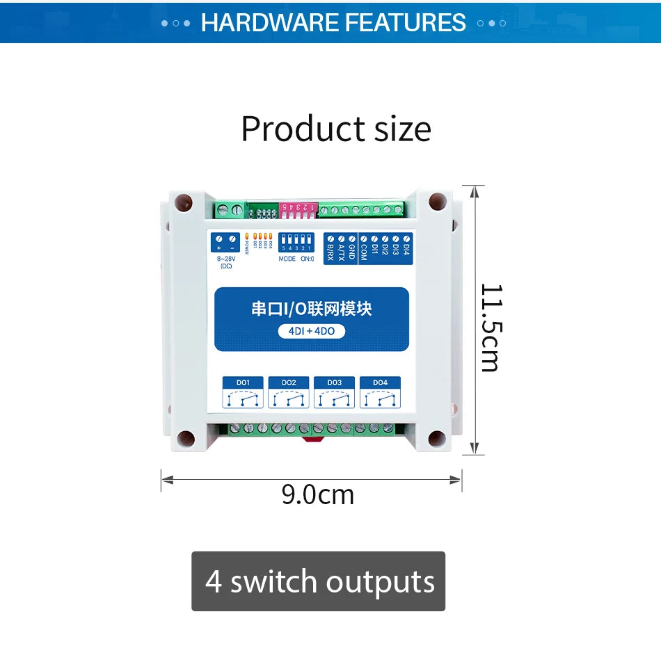 ModBus RTU Serial IO Module RS485 Interface 4DI+4DO 4 Digital Outputs Rail Installation 8~28VDC CDEBYTE MA01-AXCX4040