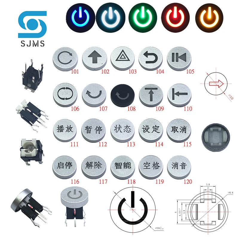 SJMS 5Pcs 6*6*9.5mm 6PIN DIP Through Hole Micro Push Button Tactile Momentary With LED Switch Tact Push Indication  Button mode