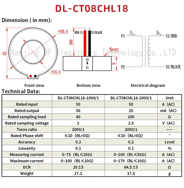 NJXSE DL-CT08CHL18 Micro Precision Current Transformer 1000/1 2000/1 10A 20A 30A 50A 100A AC High Quality Current Transformer CT
