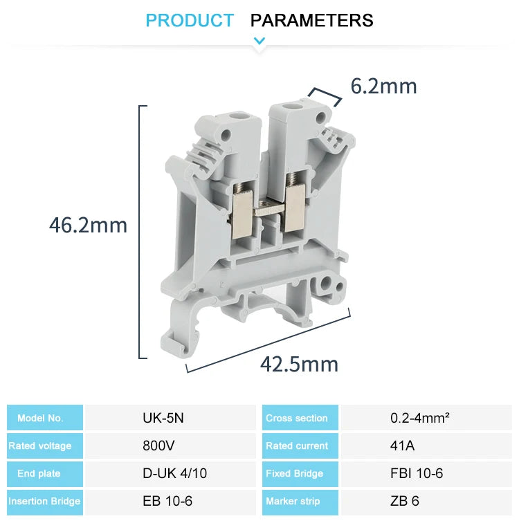 10Pcs UK5N Screw Wire Connector 4mm Cable 4mm² Feed-through Connection 12AWG Plug Electrical Mount DIN Rail Terminal Block UK 5N