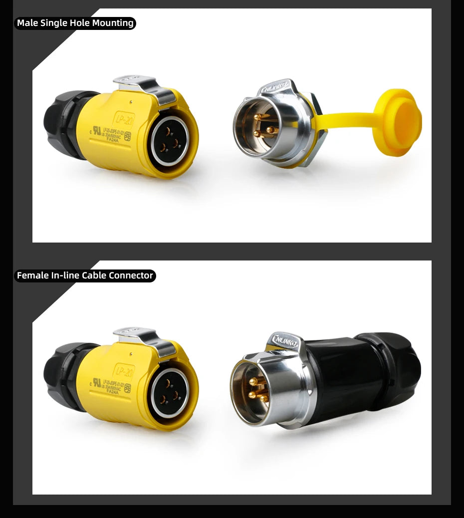 CNLINKO Industrial Waterproof IP68 2 Pin Automotive 20A AC DC Power Connector Outdoor Electrical Cable Connector LED Lighting
