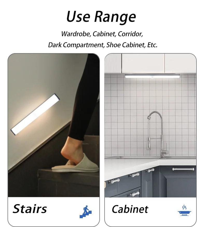 LED Night Light 20/30/40/60CM Motion Sensor Wireless USB Cabinet Night Light Wardrobe Lamp For Kitchen Cabinet Bedroom Wardrobe