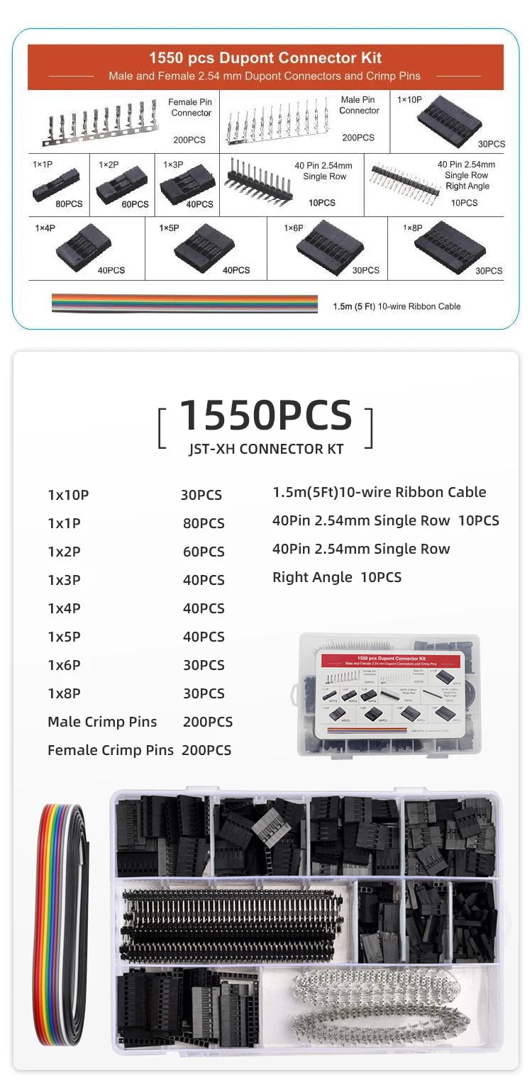 Dupont Connector 2.54mm Cable Jumper Wire Pin Header Housing Kit Male Crimp Pins+Female Pin Terminal Connector Electric Cable