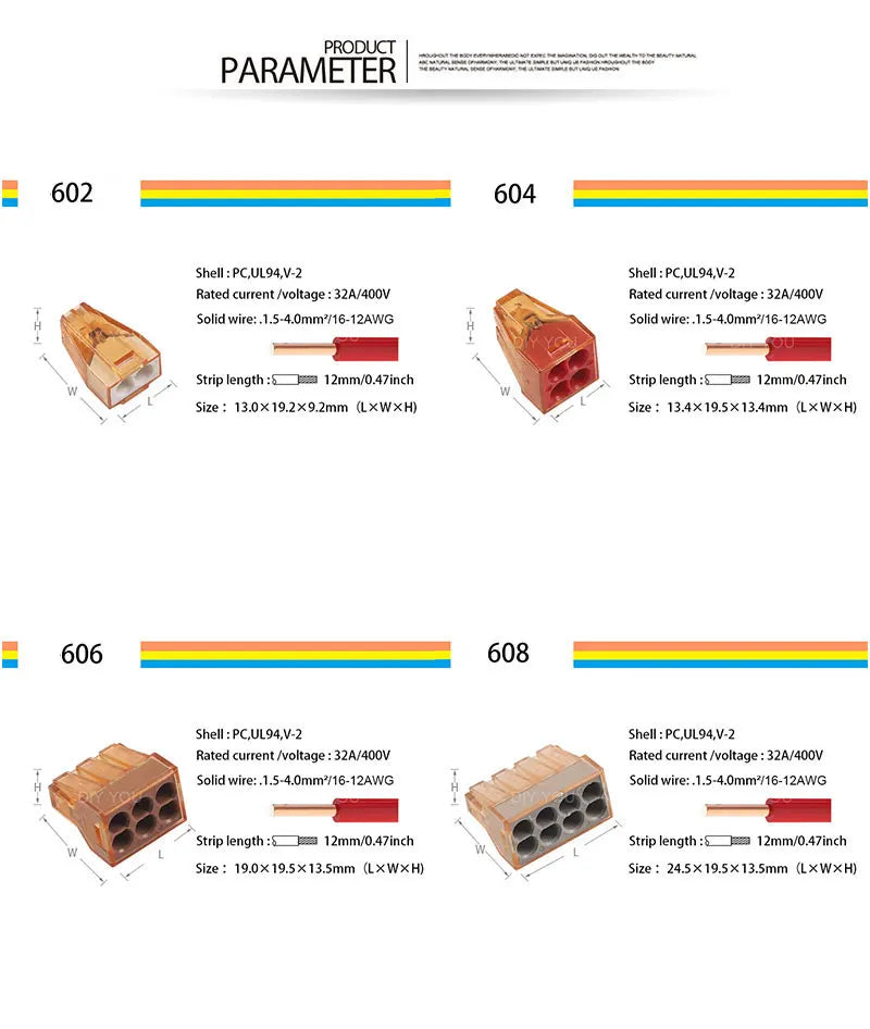 25/50/100pcs 602 604 606 608 Compact Wire Connector Push in Terminal Block Connector 2/4/6/8 Pin Lever 1.5-4 AWG 16-12