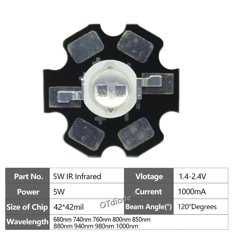 1W 3W 5W High Power LED COB Infrared Red 680nm 740nm 800nm 850nm 880nm 940nm 980nm 1000nm For Lighting CCTV Monitor Cameras