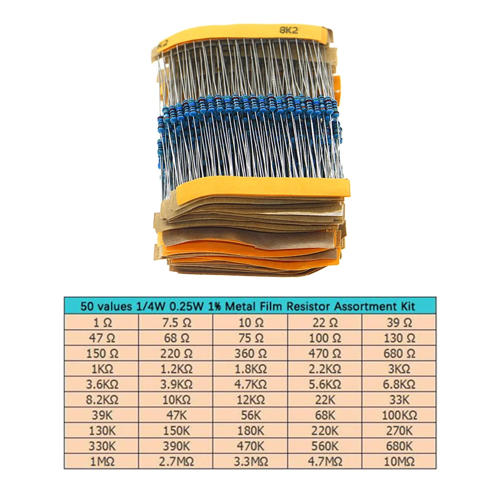 500pcs 50value 1/4W 0.25W 1% Metal Film Resistor Assortment Kit Set 1ohm-10M ohm resistor samples pack