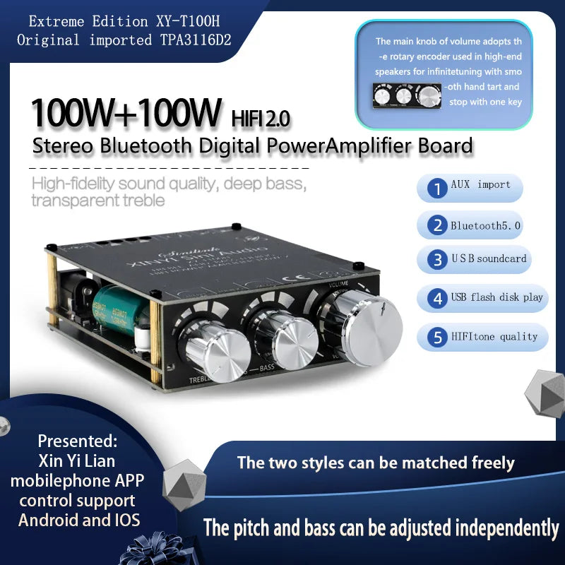 100W+100W TPA3116D2 Bluetooth 5.0 Power Subwoofer Audio Amplifier Board Home Theater HIFI Stereo Audio Amplifier AMP AUX