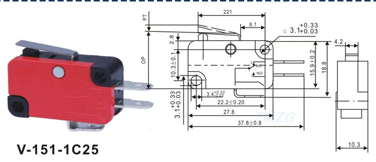 1/5PCS SPDT Momentary Travel Limit Micro Switch 16A 250VAC 1NO1NC 3pin Lever Roller V-151 V-152 V-153 V-154 V-155 Microswitch