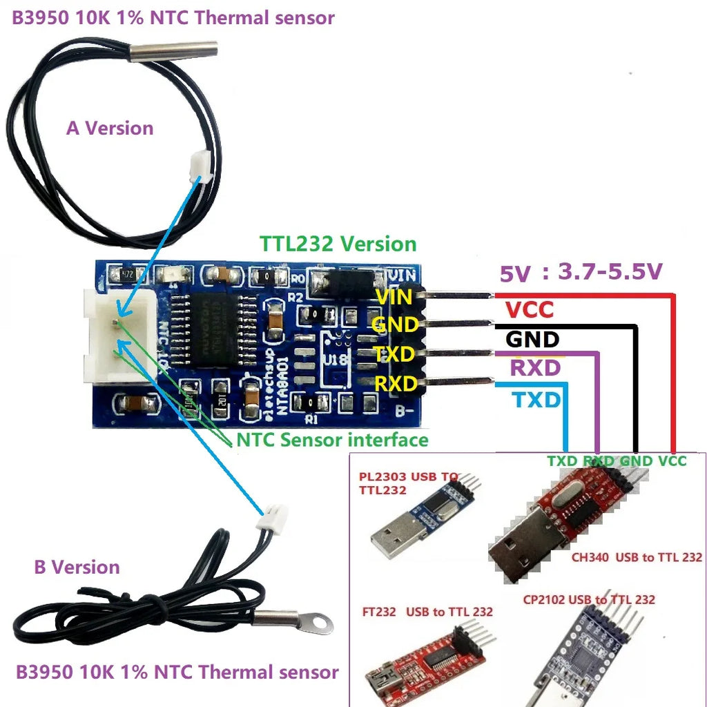 DC 5V 12V 24V RS485 RS232 TTL Modbus Rtu NTC Thermistor Temperature Sensor Remote acquisition monitor Module B3950 10K 1%