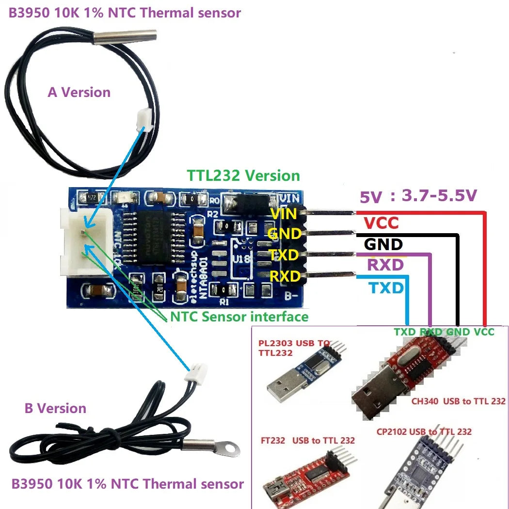 DC 5V 12V 24V RS485 RS232 TTL Modbus Rtu NTC Thermistor Temperature Sensor Remote acquisition monitor Module B3950 10K 1%