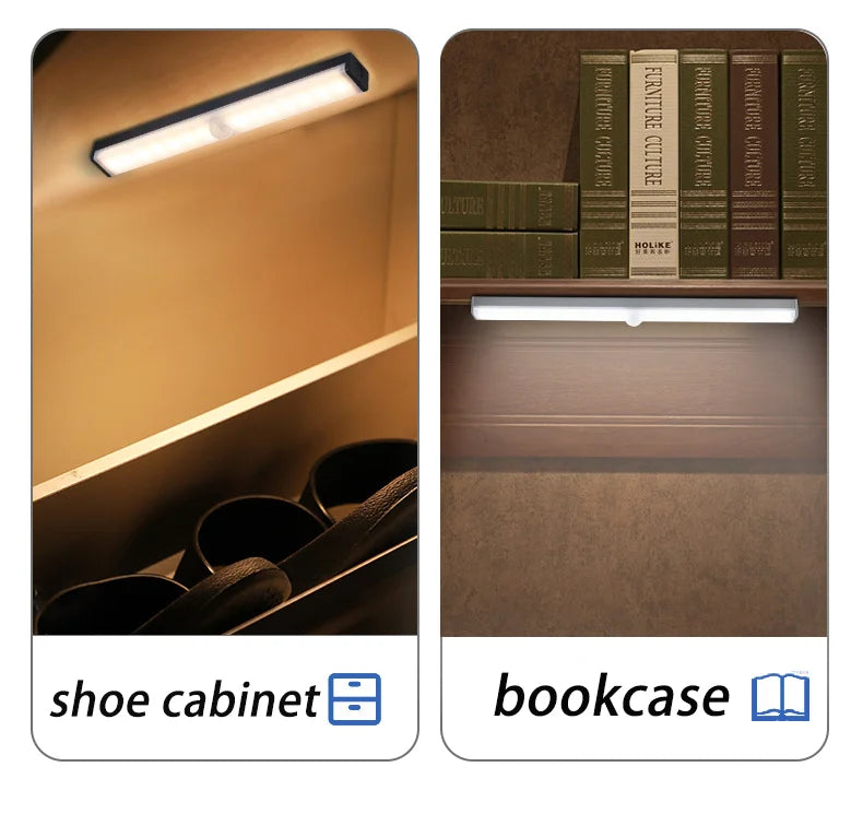 LED Night Light 20/30/40/60CM Motion Sensor Wireless USB Cabinet Night Light Wardrobe Lamp For Kitchen Cabinet Bedroom Wardrobe