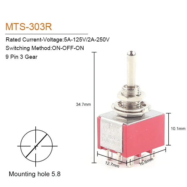 5PCS 6mm Miniature Toggle Switch MTS 102/103/202/203/302/304/402/403 ON-OFF-ON 5A125V 2A250V 3/6/9/12 Pin Mounting Equipment