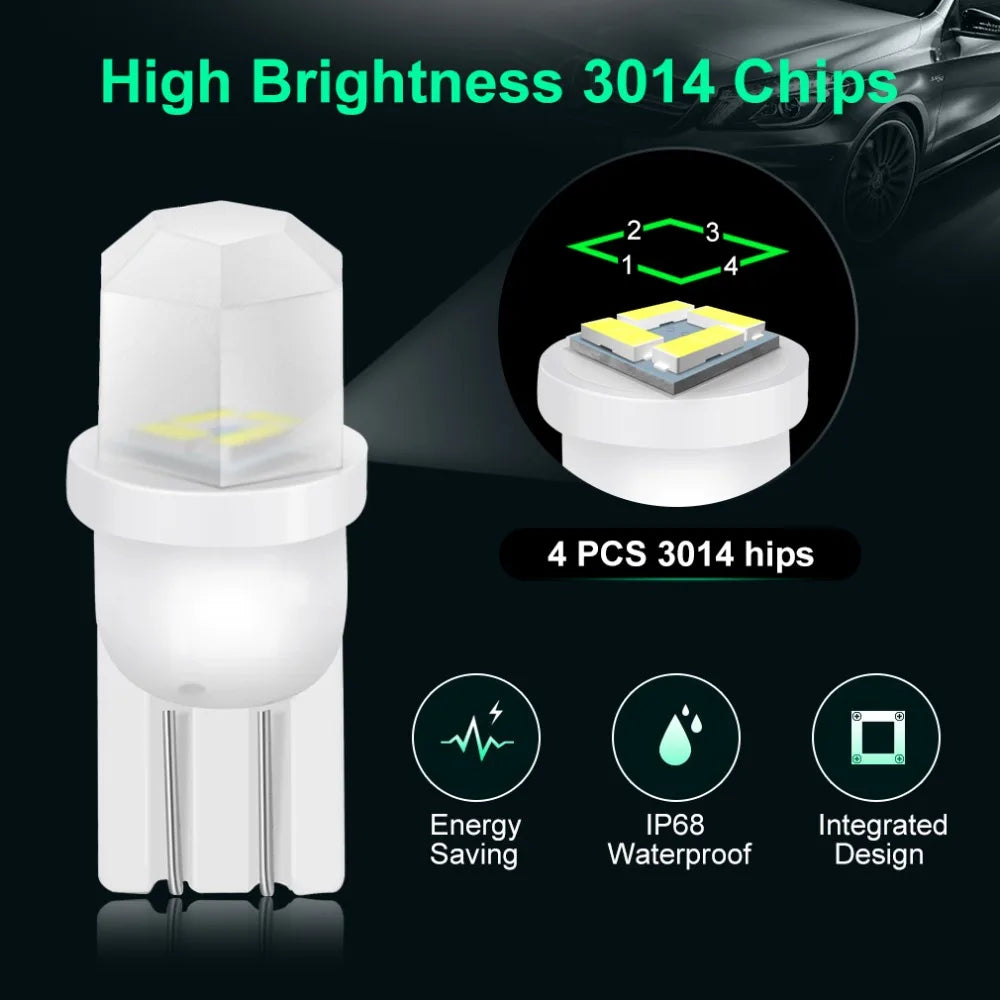 10Pcs Ceramic T10 W5W LED Bulb 194 168 Led Canbus 4SMD 3030 Car Interior Lights Wedge Side marker Clearance Auto Lamp 12V White