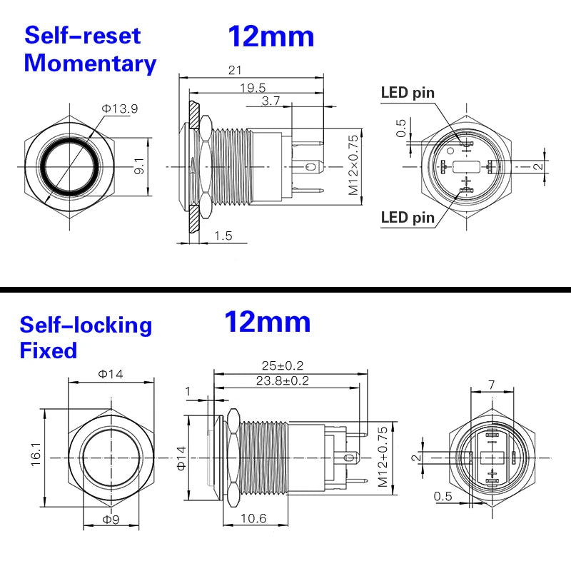 Button Switch 12/16/19/22mm Momentary Latching Fixed Push On Off Power Start Stop Electric LED Light 3V 6V 12V 24V 220V