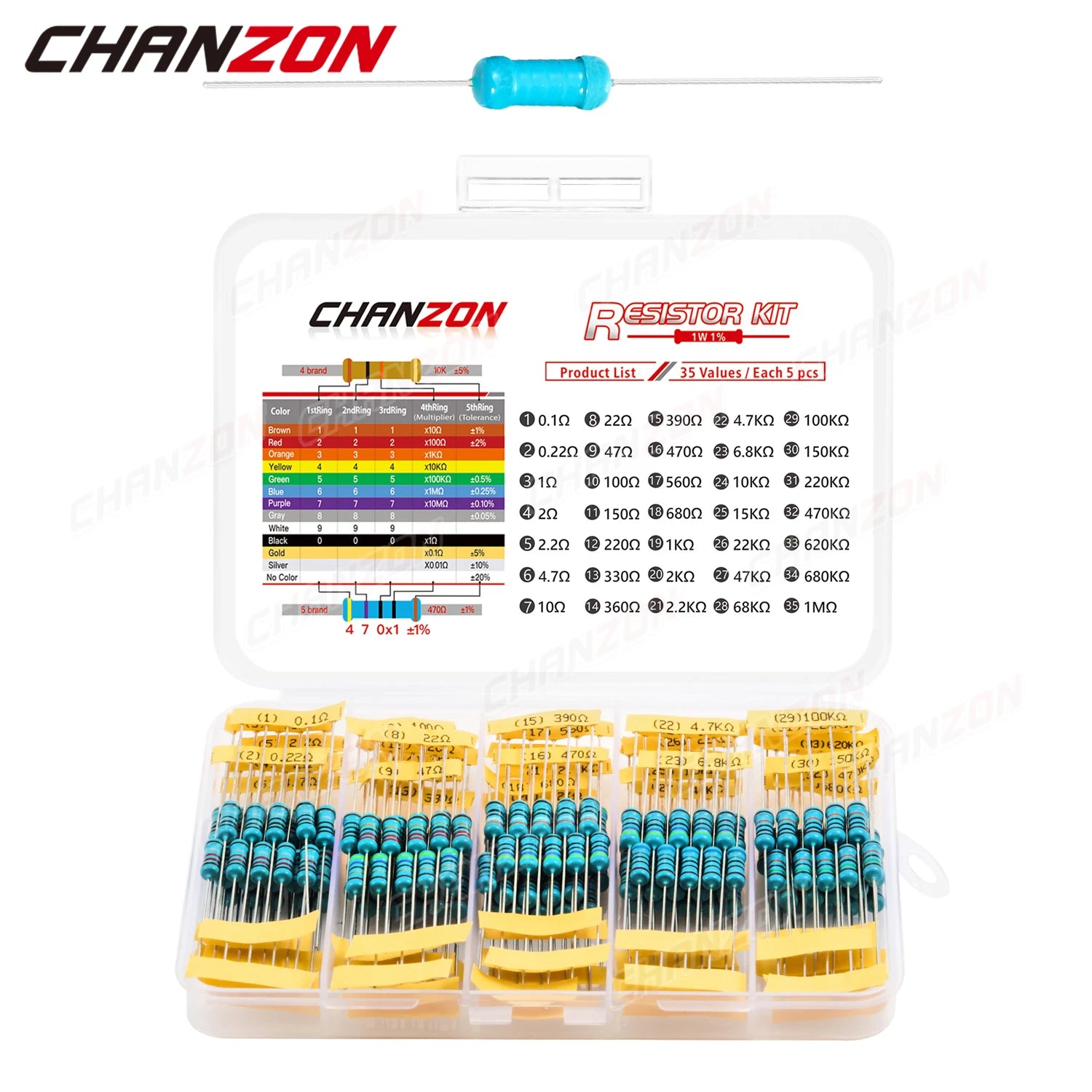 175pcs/Pack 35 Values 1W 1% High Precision Metal Film Resistors Kit 10 100 470 4.7K 10K Ohm 1 W Watt Resistance Assortment Set