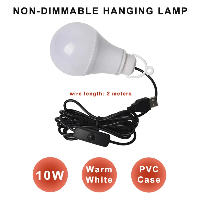 ZHMZH USB LED Bulb Stepless Dimming Brightness Three Color Switch Dimmable Hanging Lamp Light Bulb For Adapter Power Bank 10W