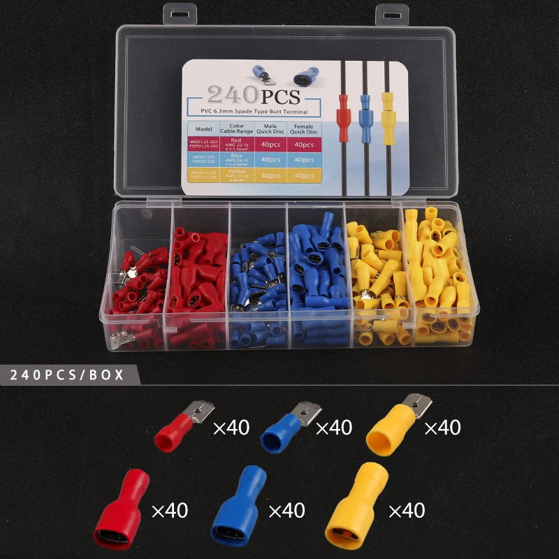 240PCS/Boxed Mixed pack Assorted Insulated Bullet/spade Butt Crimp Terminals Set  Electrical Wire Connector Blue Yellow Red