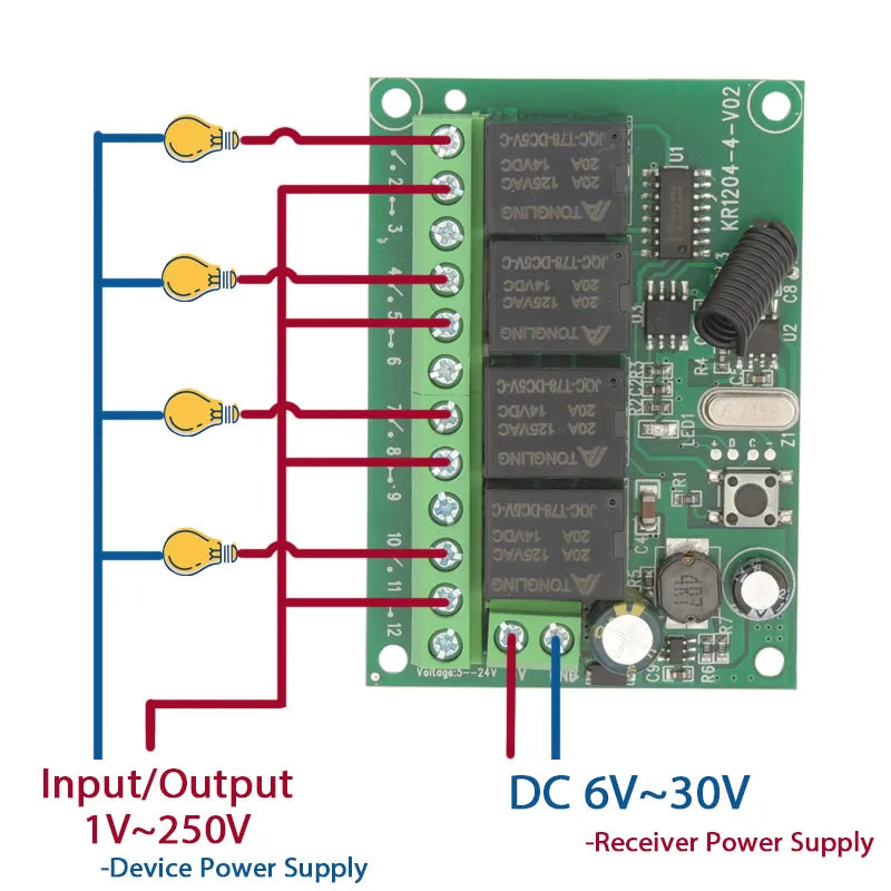 Wireless Remote Control DC 6V 12V 24V 30V 4CH RF Relay Receiver and 433MHZ Transmitter for Garage/Light/Motor/Home Appliance