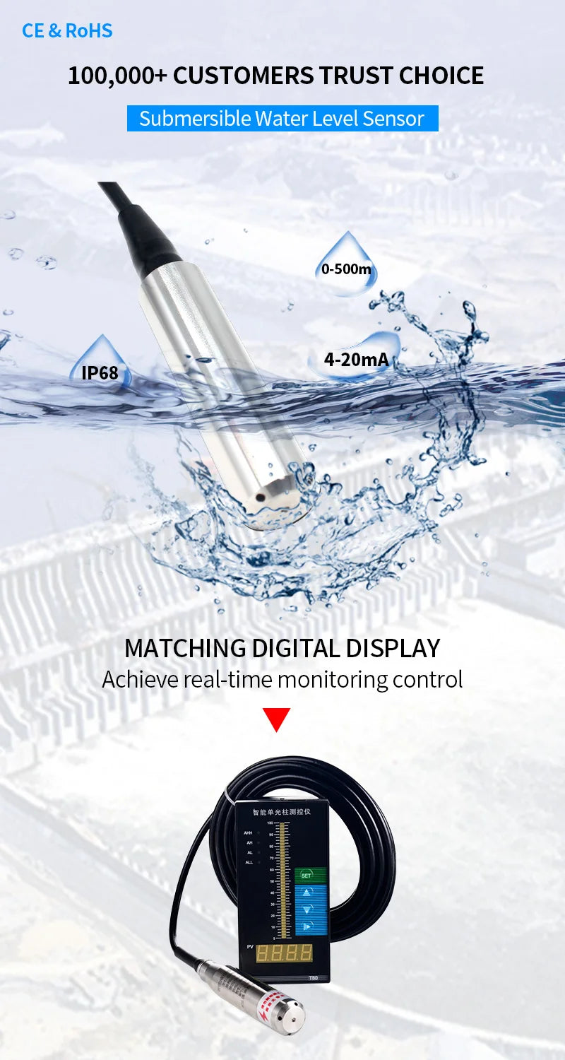 IP68 Water Level Sensor Transmitter 4-20mA, 0-10V RS485 Output 5M 6m, 8m, 9m, 10m Range Liquid Pressure Transducer