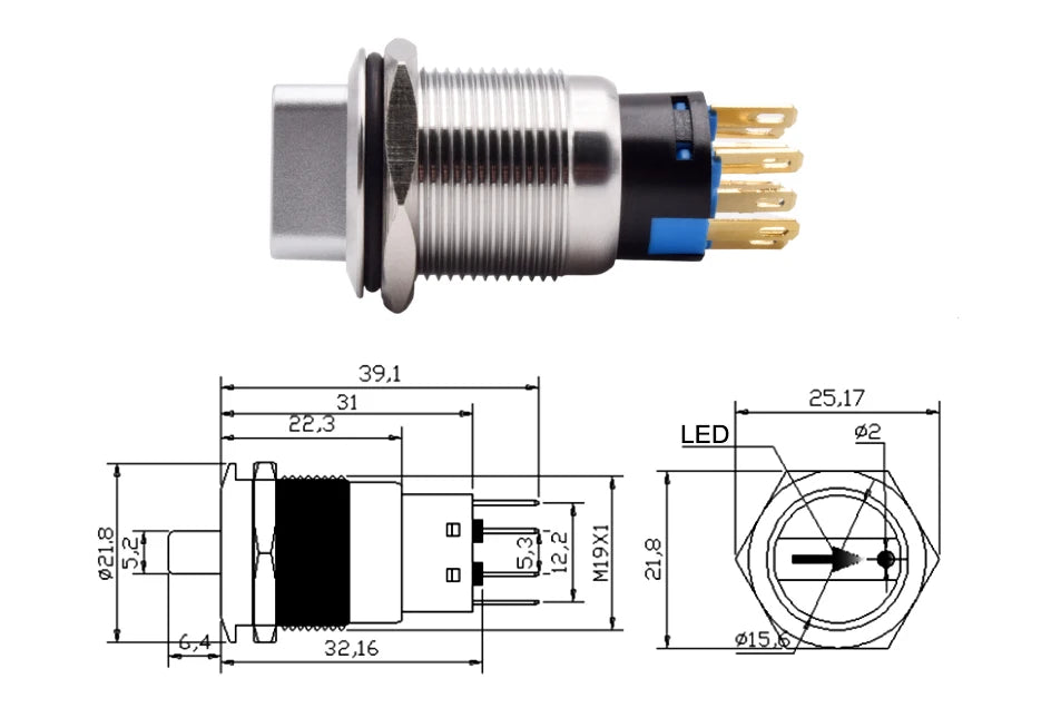 19mm 2 3 Position Metal Selector Rotary Switch Latching Push Button Switch SPDT with 12V LED Illuminated Switch 1NO1NC ON OFF