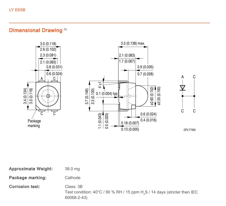50PCS LY E65B  LYE65B 3528 YELLOW SMD LED with Lens Common Anode 50mA 2.2V 580-595NM ( LYE65B-BACA-26-1 )