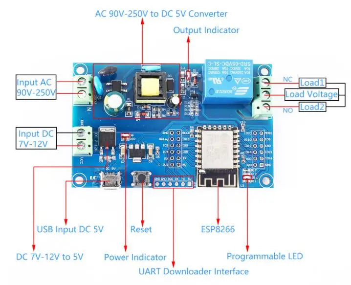 ESP8266 1/4 Way Channel AC 90-250V/DC 7-30V Wifi Wireless Relay Module ESP-12F WiFi Programmable Development Module for IOT