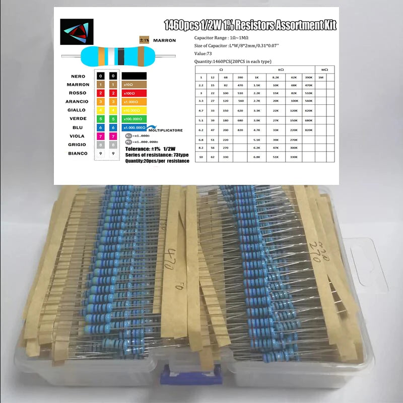 1/2W 1% 73valuesX20pcs=1460pcs 1R~1M Ohm Pack 0.5W Metal Film Resistor Kit SET