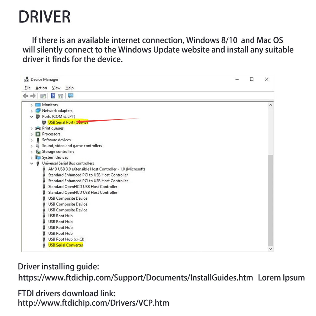 FTDI USB to RS485 Serial Converter Adapter With Data A B GND VCC Pinout Assignment 4Pin 2.54mm Terminal Block