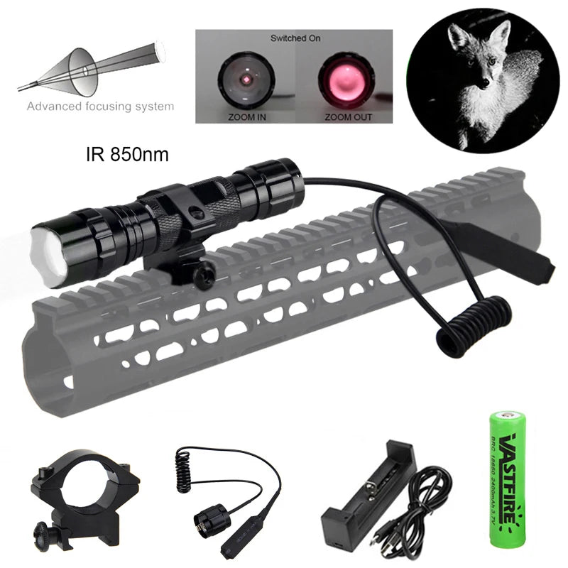 Infrared Night Vision Flashlight Zoomable LED IR-940nm Torch used with Night Vision Device 18650 Battery+Charge+Remote Switch