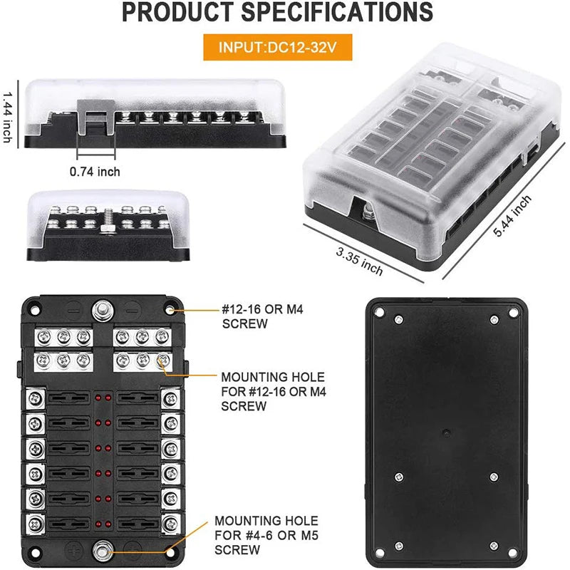 12 Way Fuse Box Holder With Blade Fuse Holder Block & Warning Indicator Car Boat Blade Fuse Box 12V 24V