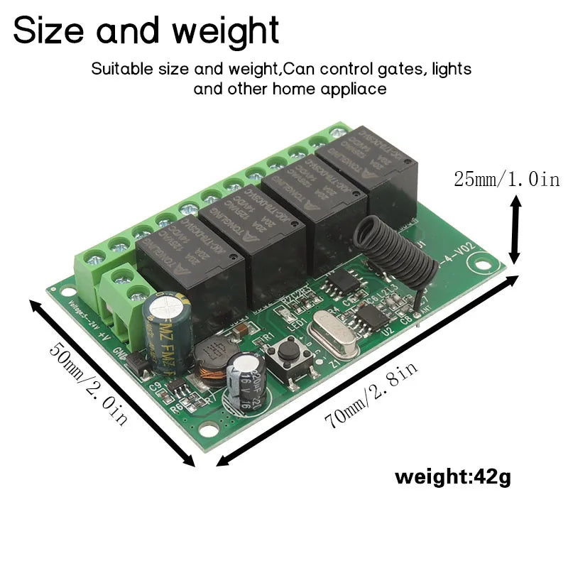Wireless Remote Control DC 6V 12V 24V 30V 4CH RF Relay Receiver and 433MHZ Transmitter for Garage/Light/Motor/Home Appliance