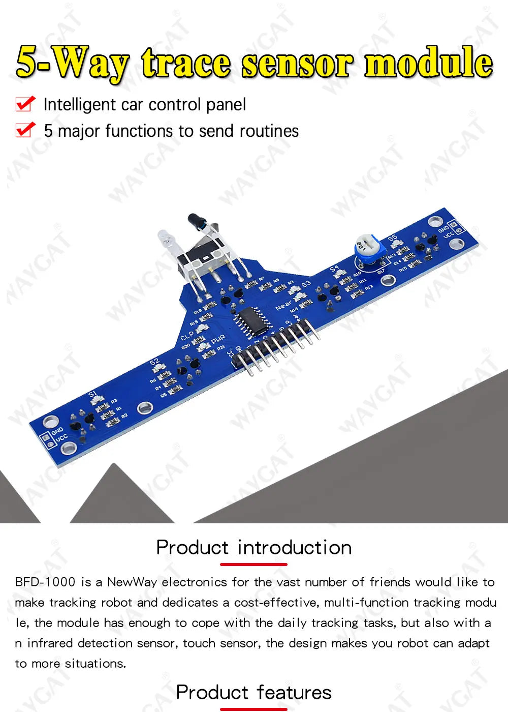 5-Way Tracing Sensor Module, TCRT5000 Based Tracking Board for Smart Car Line Following Projec